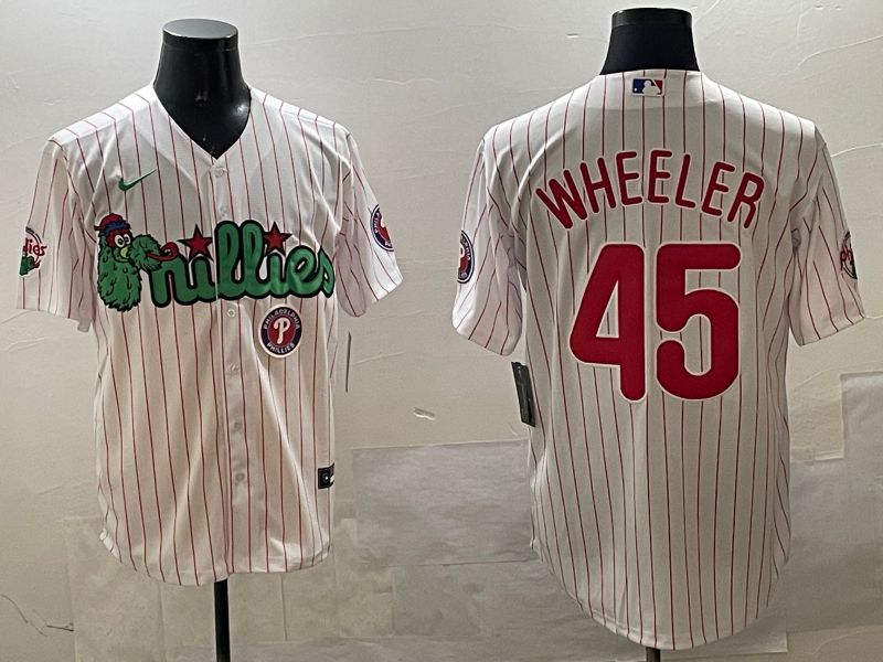 Men Philadelphia Phillies #45 Wheeler White Stripe Three generations Joint Name Game 2025 Nike MLB Jersey style 5->philadelphia phillies->MLB Jersey